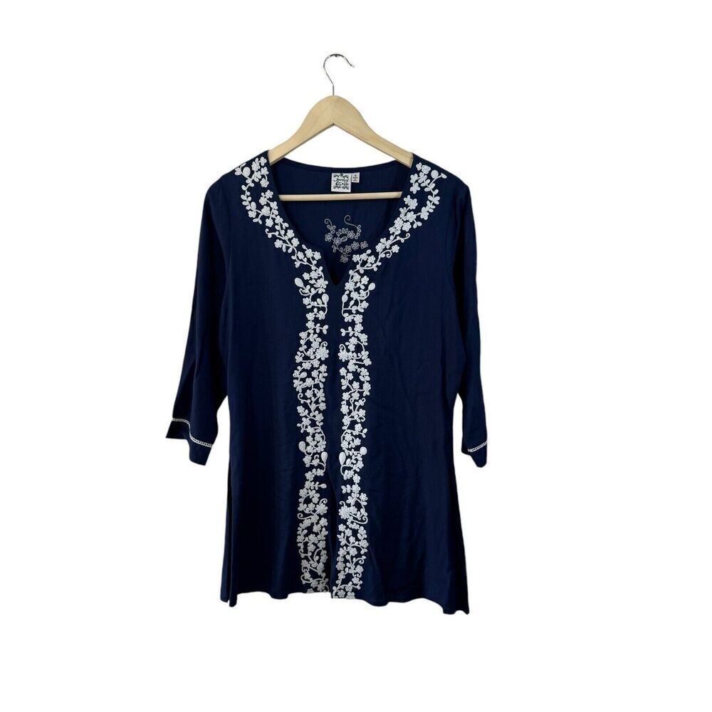 Parsley & Sage Small Tunic Top Blue White Embroidered 3/4 Sleeve Womens